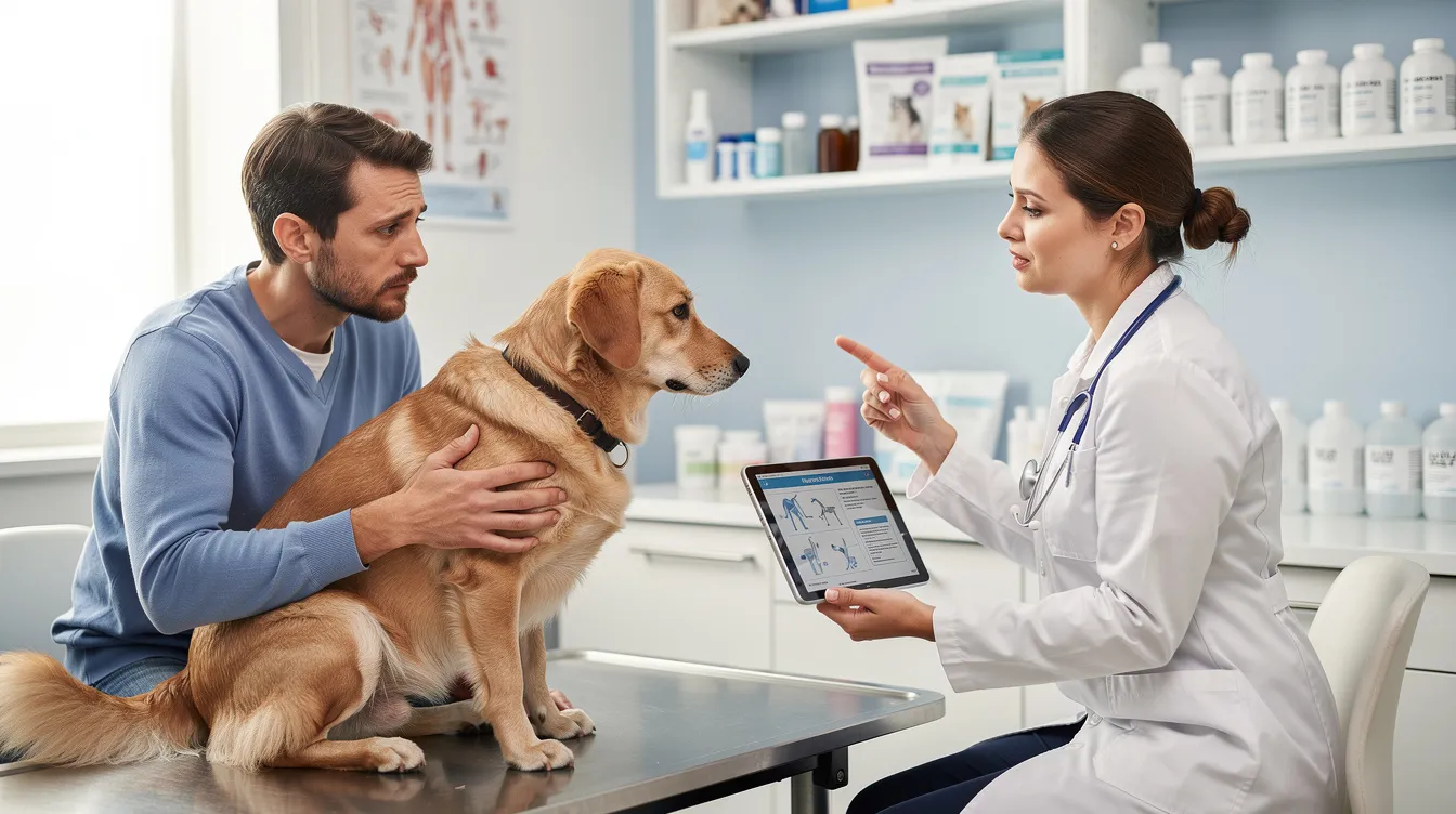 A pet owner is engaged in a discussion with a veterinarian in a consultation room, exploring various treatment options for their pet. The scene highlights the compassionate care and veterinary services that focus on the health and well-being of animals.