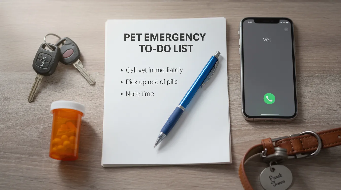 The image depicts a pet emergency to-do list, emphasizing the importance of calling the veterinarian immediately after a pet has ingested pills, such as common household medications or birth control pills. It includes notes to pick up the remaining pills and record the time of ingestion, highlighting the need for quick action and veterinary attention to prevent severe health risks.