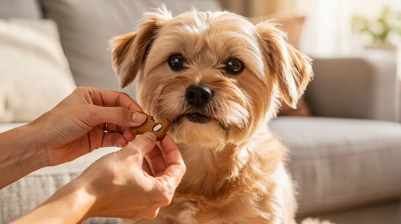 A small dog is being given a pill by its owner, who is using a treat to coax the dog. This scene highlights the importance of medication for managing conditions like mitral valve disease in dogs, which can lead to heart failure if left untreated.