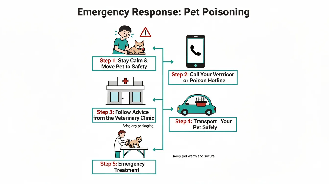 The image depicts a step-by-step emergency response flowchart for pet poisoning, specifically focusing on ibuprofen poisoning in cats. It illustrates key actions such as contacting a veterinary clinic, transporting the pet, and potential treatments like inducing vomiting and administering IV fluids to prevent serious health problems like kidney damage and gastrointestinal ulcers.