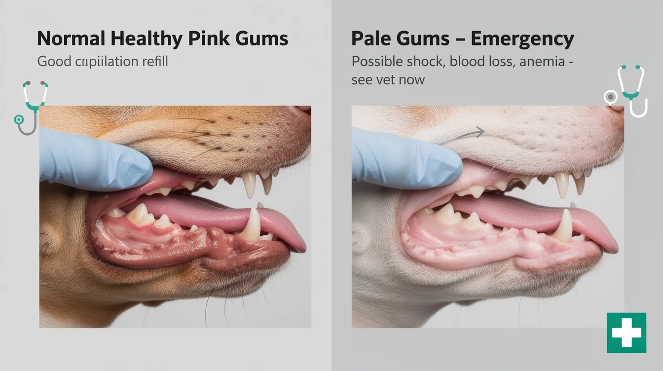 The image displays a visual comparison of normal pink gums and pale gums in dogs, highlighting the potential health concerns associated with pale gums, such as dry heaving in dogs or other serious conditions. This guide serves as a reminder to monitor your pet's condition and seek veterinary intervention if any alarming symptoms arise.