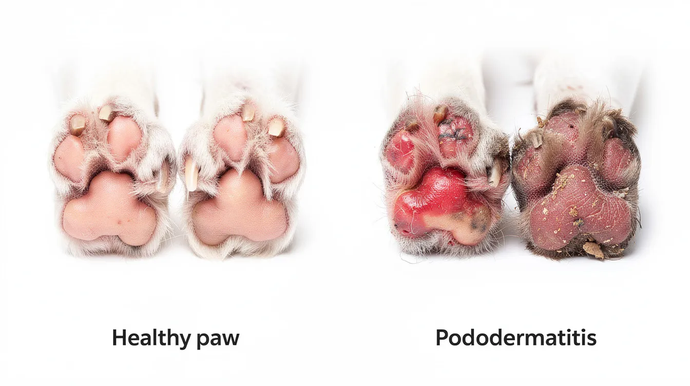The image shows a side-by-side comparison of healthy dog paws and red, swollen, irritated dog paws, highlighting signs of pododermatitis. The healthy paws appear clean and well-maintained, while the affected paws exhibit inflamed skin, indicating potential issues like food allergies or environmental allergies leading to itchy paws in dogs.