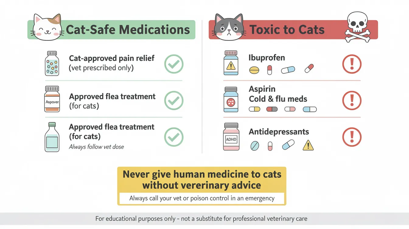 This infographic visually compares cat-safe medications with toxic ones, highlighting the dangers of ibuprofen poisoning in cats, which can lead to serious health problems such as kidney damage and gastrointestinal ulcers. It emphasizes the importance of keeping medications out of pets' reach and provides guidance for pet owners on what to do if their cat ingests ibuprofen.