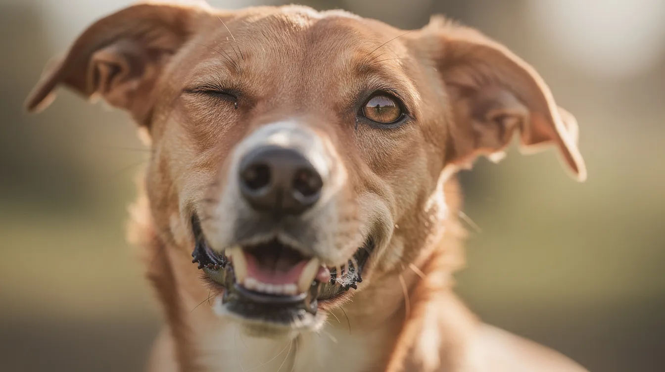 A dog is squinting one eye, possibly due to discomfort or an eye condition. This behavior may indicate vision problems or the need for a veterinary ophthalmologist's evaluation to check for issues like cataracts or corneal abrasions.