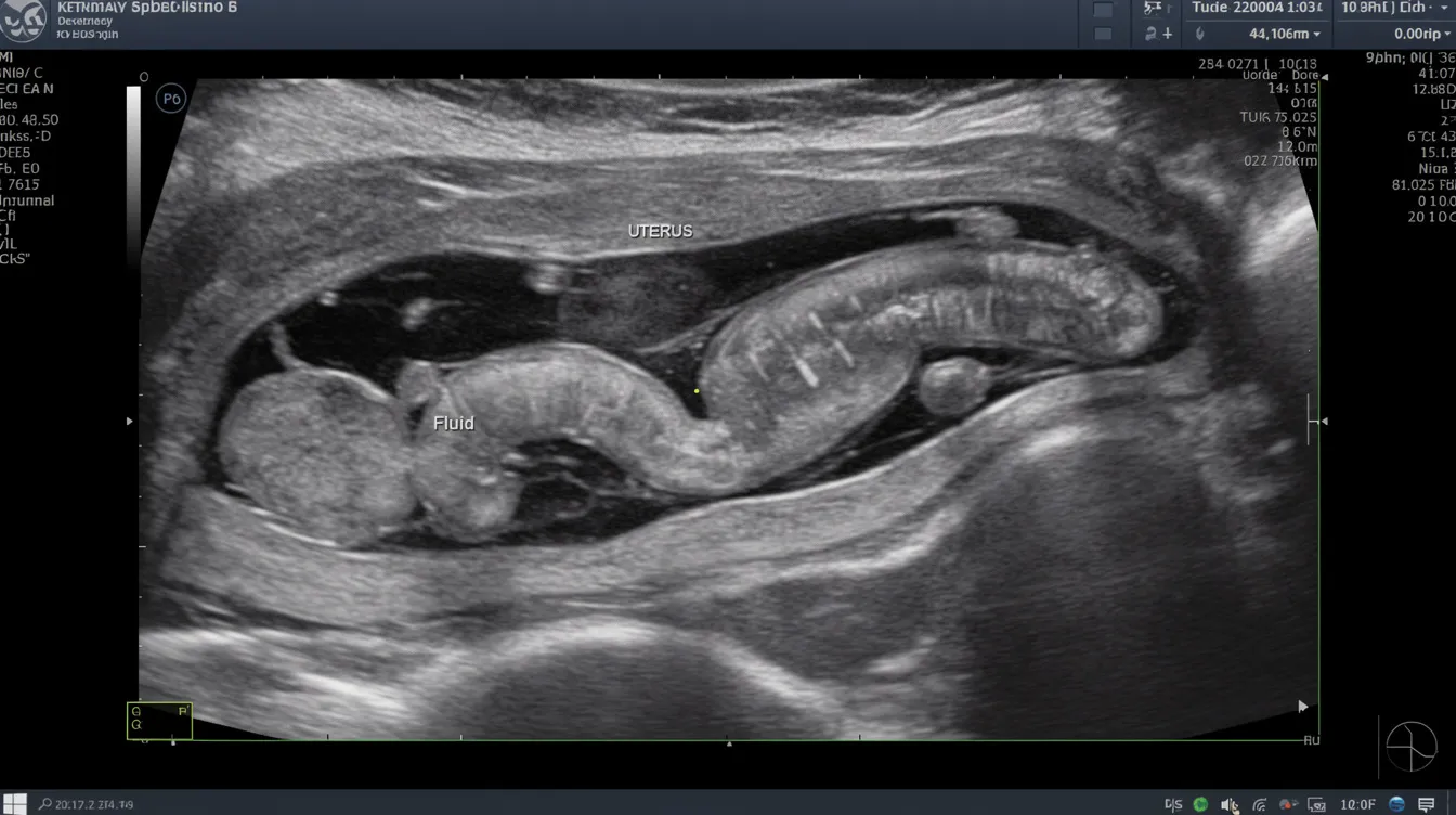 The ultrasound image displays a fluid-filled, distended canine uterus, indicative of pyometra, a serious bacterial infection commonly seen in older female dogs. This condition, characterized by an enlarged uterus and potential pus accumulation, requires prompt treatment to prevent complications such as uterine rupture.