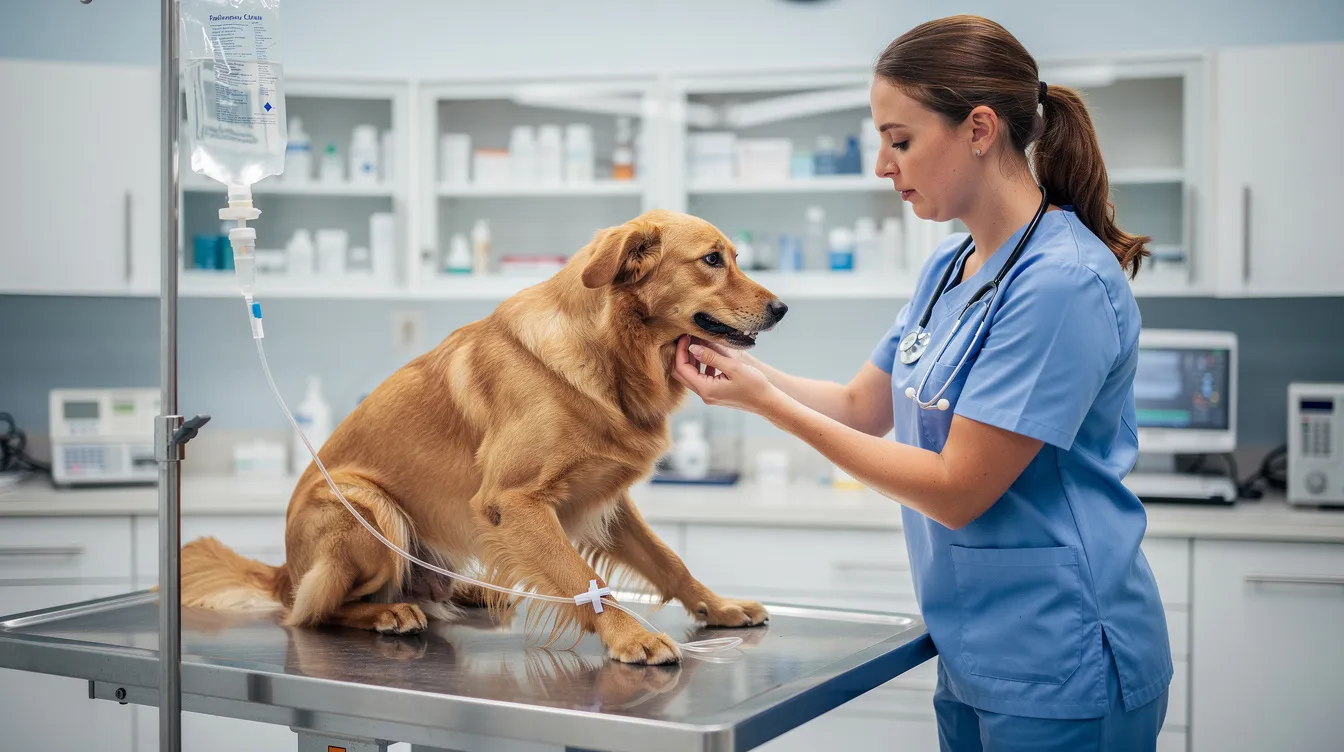 A veterinary professional is seen in a clinical setting, administering IV fluids to a dog suffering from heat stroke, a life-threatening condition often caused by high temperatures and heat exposure. The dog is receiving emergency treatment to help stabilize its body temperature and prevent further complications associated with heat-related illness.