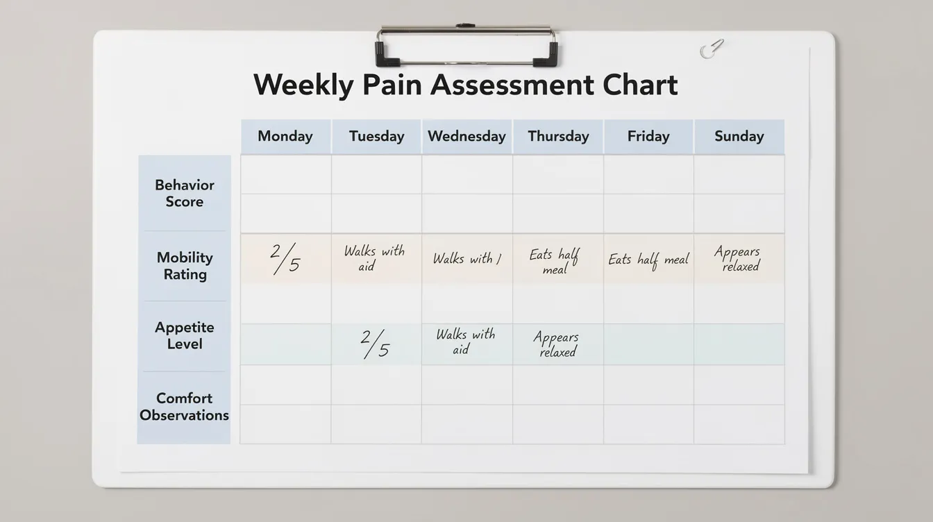 The image depicts a sample pain assessment chart laid out in a weekly grid format, featuring sections for behavior score, mobility rating, appetite level, and comfort observations. This chart can help dog owners monitor their pet's pain, including signs of acute or chronic pain, and assess any changes in their dog's condition.