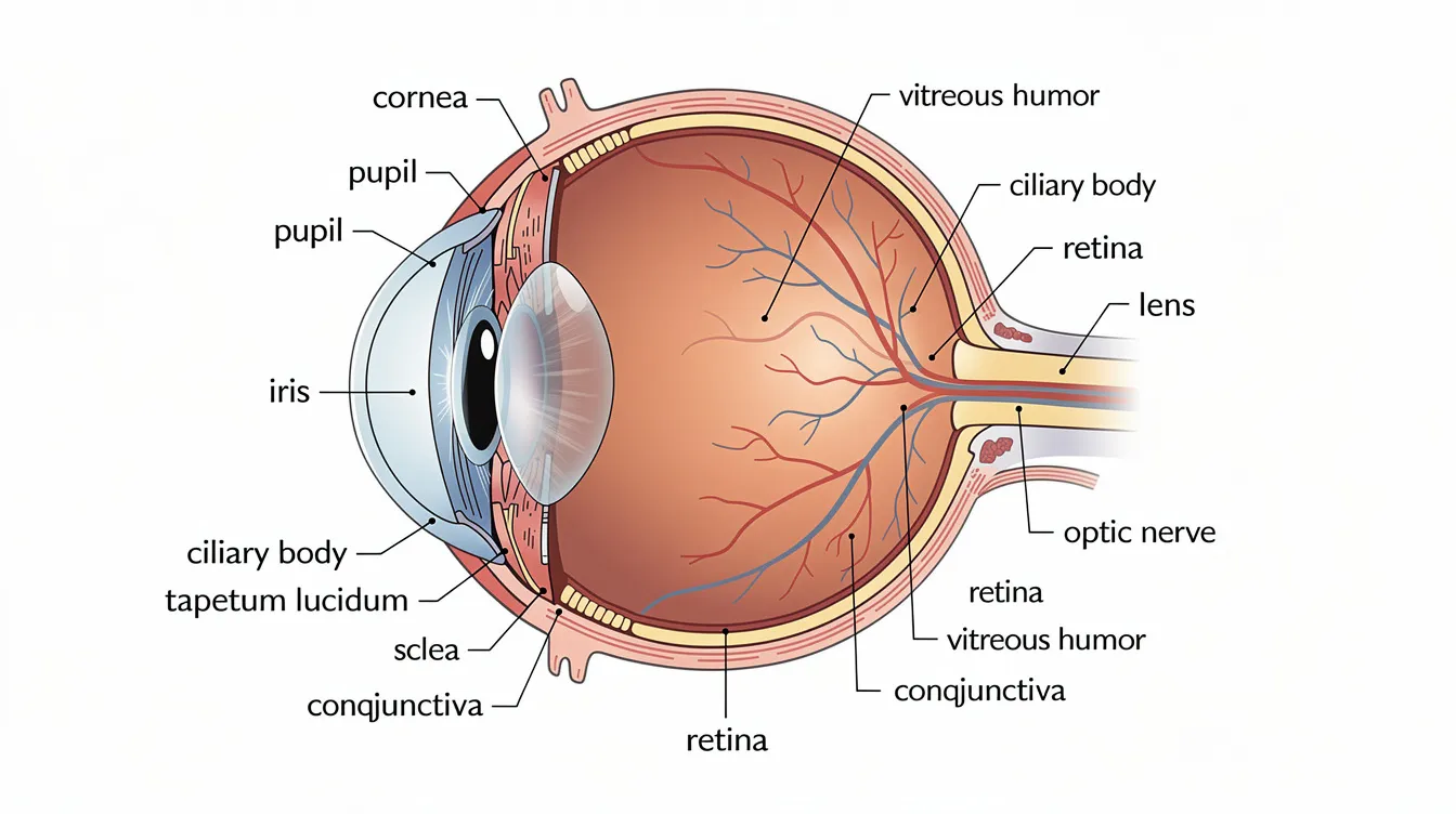 The image illustrates the anatomy of a dog's eye, highlighting key structures such as the cornea, lens, and retina, which are crucial for vision. It also emphasizes common eye conditions like cataracts and glaucoma, which can lead to vision problems and require examination by a veterinary ophthalmologist for potential treatments like cataract surgery.