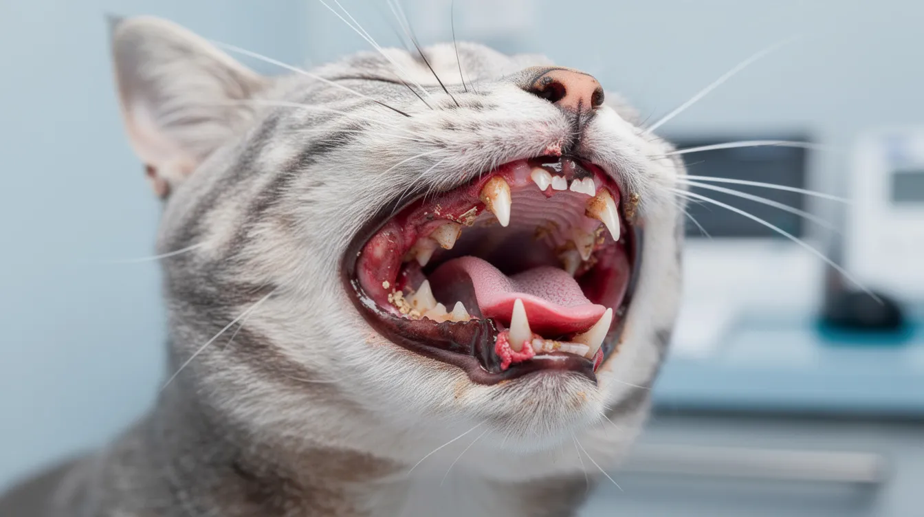 A close-up view of a cat's open mouth reveals inflamed gums and signs of dental disease, set against a clinical background. This image highlights the oral health issues that can affect fiv positive cats, which may experience chronic or recurrent infections due to feline immunodeficiency virus (FIV) impacting their immune system.