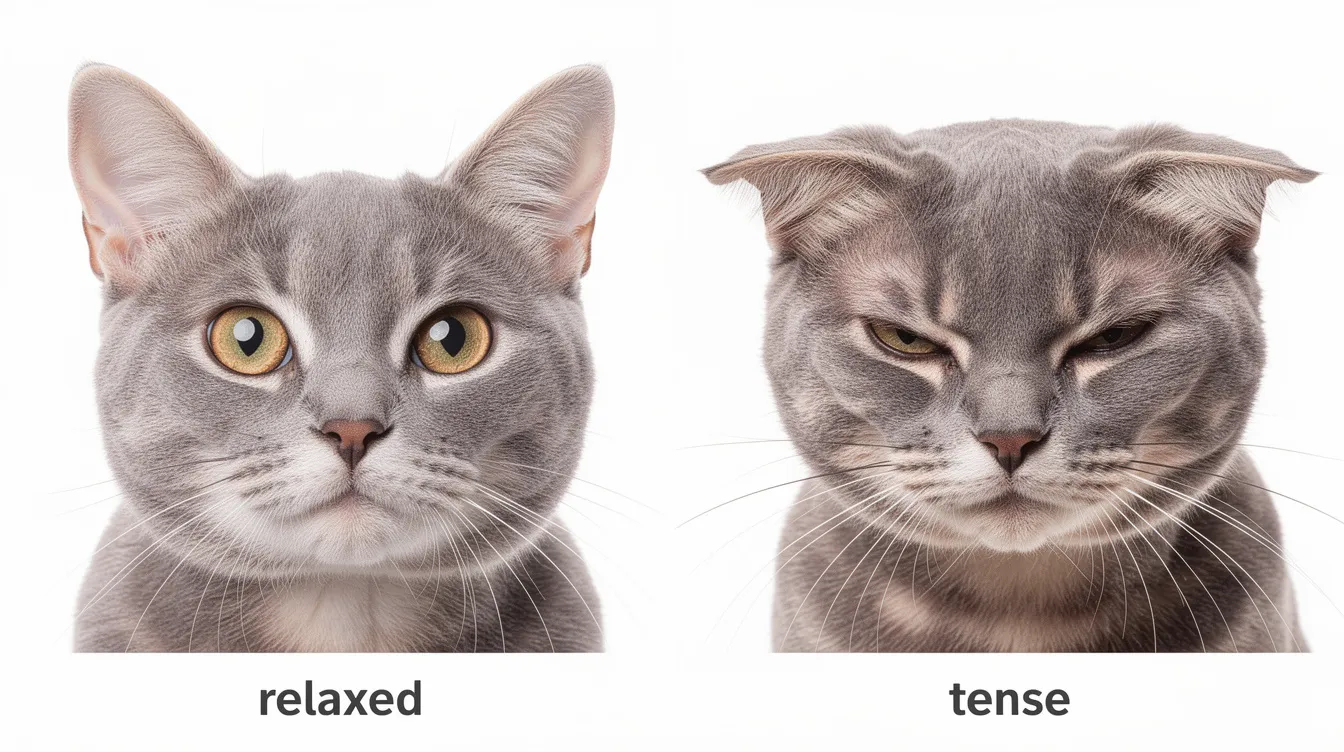 The image shows a close-up comparison of two cat faces: one cat has a relaxed expression with forward ears and bright eyes, while the other cat displays signs of pain with flattened ears, squinted eyes, and tense whiskers. This visual highlights the importance of recognizing subtle signs of pain in cats, which can indicate underlying issues that may require veterinary advice.