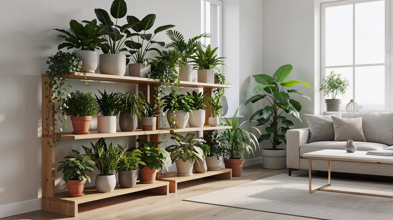 A modern living room features an assortment of pet-friendly plants, including a spider plant and a baby rubber plant, elegantly arranged on elevated wooden shelving units. The lush greenery adds a tropical feel to the space while ensuring a safe environment for feline companions.