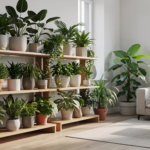 Indoor plants on wooden shelves.