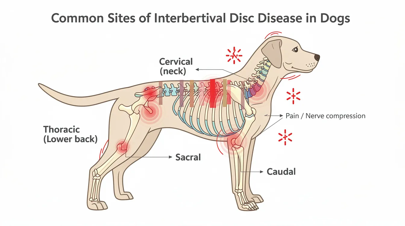 The image is a side view diagram of a dog, highlighting the spinal regions where disc disease commonly occurs. It includes indicators of pain, such as signs of acute pain and discomfort in the dog's back legs, which may suggest the need for a vet's evaluation and a treatment plan for senior dogs suffering from joint pain.