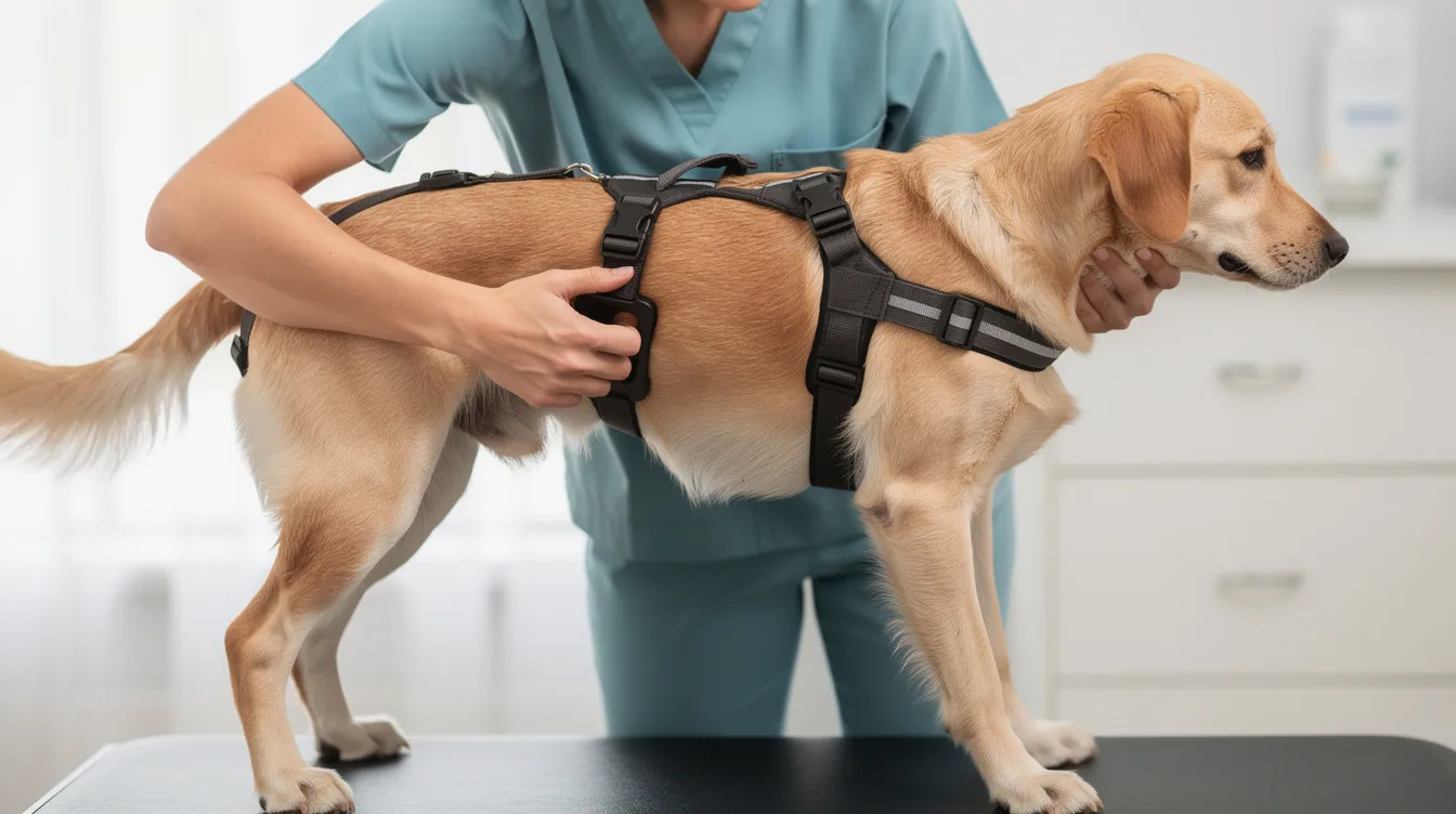 A person is using a supportive harness to carefully lift a medium-sized dog, ensuring the dog's spine remains level and both ends are adequately supported. The dog appears calm, but there may be signs of discomfort, suggesting the need for veterinary attention if it experiences any sudden pain or yelps when lifted.