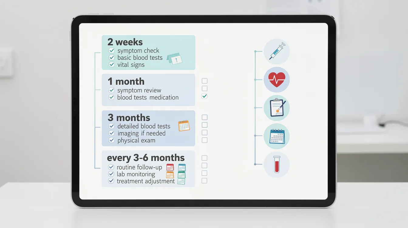 The image depicts an interactive monitoring calendar designed for follow-up appointments related to diagnosing and treating Cushing's disease in dogs, highlighting scheduled visits at two weeks, one month, three months, and every three to six months, along with the types of blood tests and diagnostic tests performed at each visit to assess cortisol levels and monitor the health of the adrenal glands and pituitary gland.