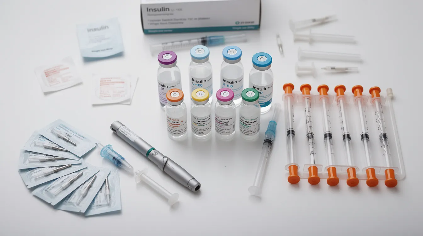 The image shows neatly arranged insulin vials, syringes, pen needles, and other supplies on a clean surface, essential for managing diabetes in cats. These items are crucial for pet parents to regulate blood sugar levels and ensure the health of diabetic cats.