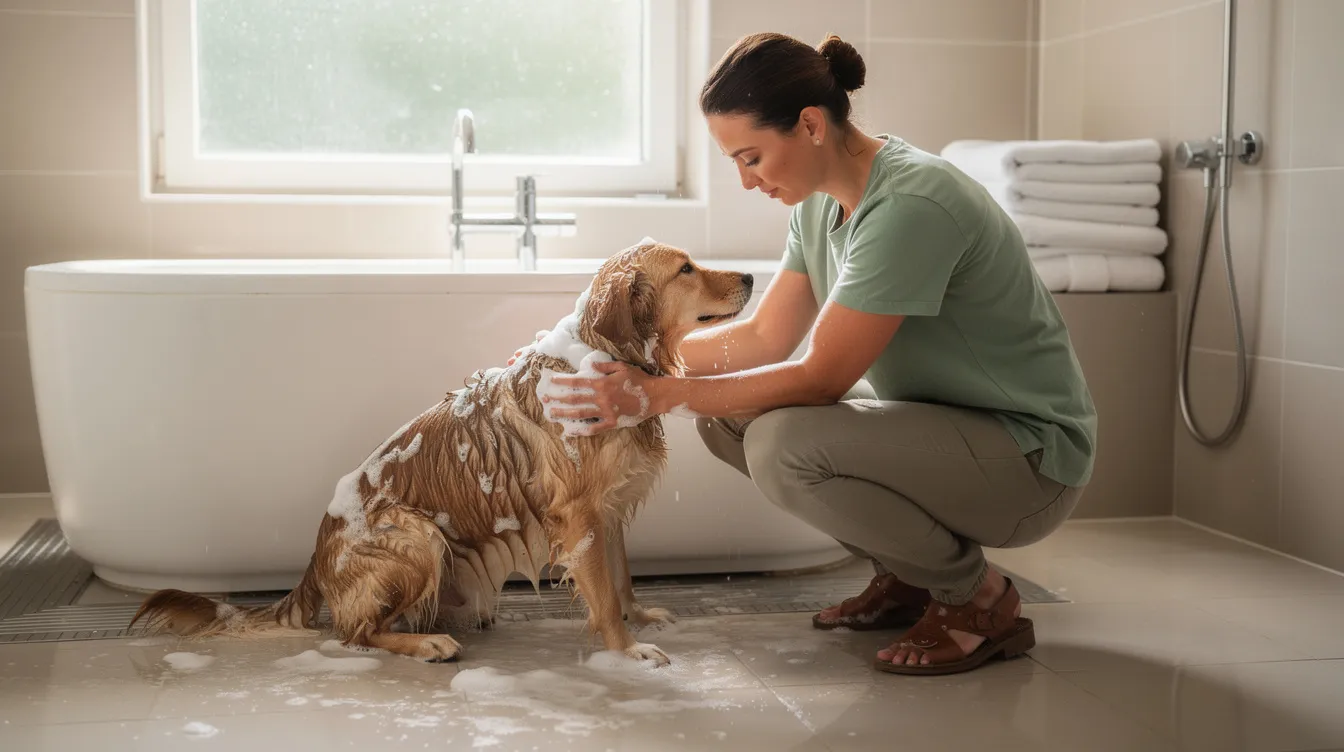 A pet owner is gently washing a dog in a bright bathroom, using soap and water to ensure the dog's skin is clean and healthy. The scene emphasizes the importance of pet care, reminding owners to be cautious with products like peppermint oil, which may not be safe for dogs.
