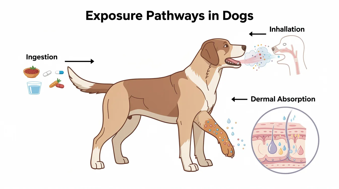 The diagram illustrates three exposure pathways for dogs: ingestion through the mouth, dermal absorption through the skin, and inhalation through the respiratory system. It highlights how essential oils, including lavender essential oil, can pose risks if not used properly, emphasizing the importance of understanding whether lavender is safe for dogs and the potential for mild stomach upset or skin irritation.