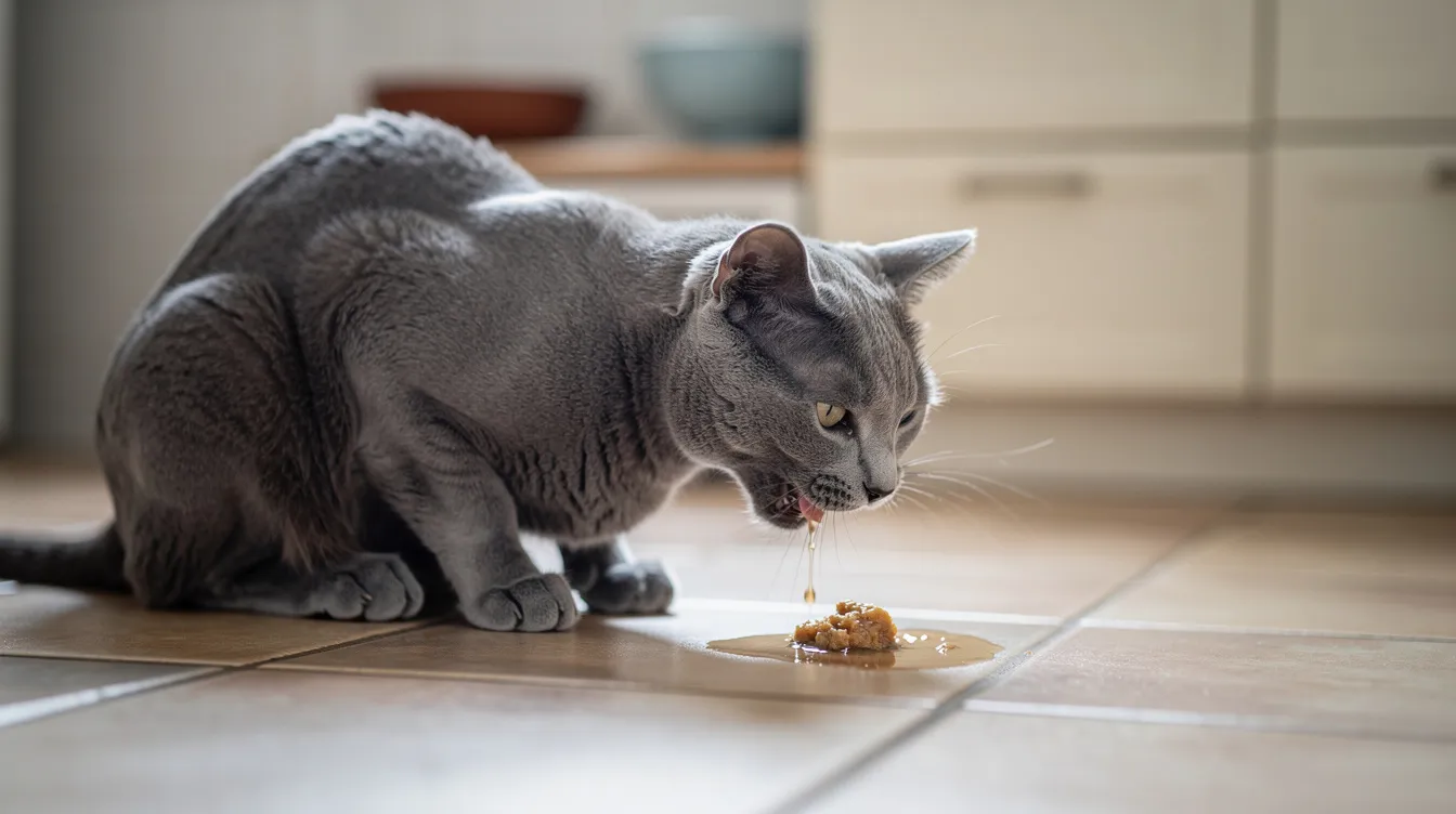 A cat is seen vomiting white foam, indicating a possible mild stomach upset or an empty stomach. This episode of throwing up may be a sign of digestive issues, and pet owners should monitor their feline friend's health closely.