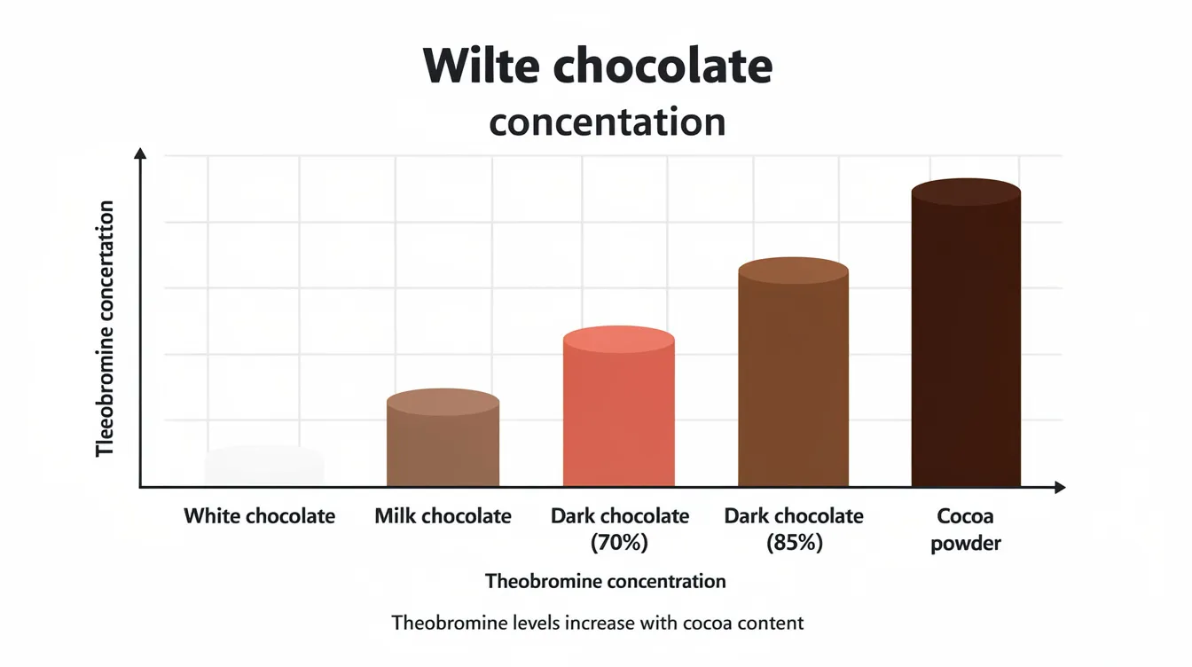 The image features a visual comparison chart that categorizes various types of chocolate based on their theobromine concentration, ranging from low to high. This chart highlights the dangers of chocolate, particularly for dogs, as consuming even small amounts of toxic foods like dark chocolate and baking chocolate can lead to serious illness and damage to red blood cells, necessitating immediate veterinary attention.