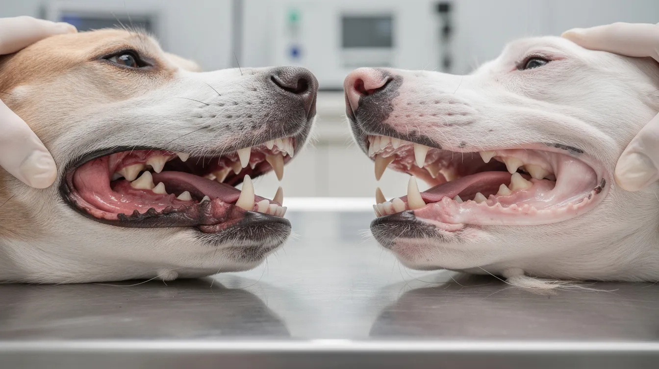 The image shows a close-up comparison of a healthy dog's pink gums alongside the pale white gums of an anemic dog, placed on a veterinary examination table. This visual highlights the importance of monitoring dogs' health, especially concerning the risks of onion toxicity, which can damage red blood cells and lead to serious complications if not treated early.