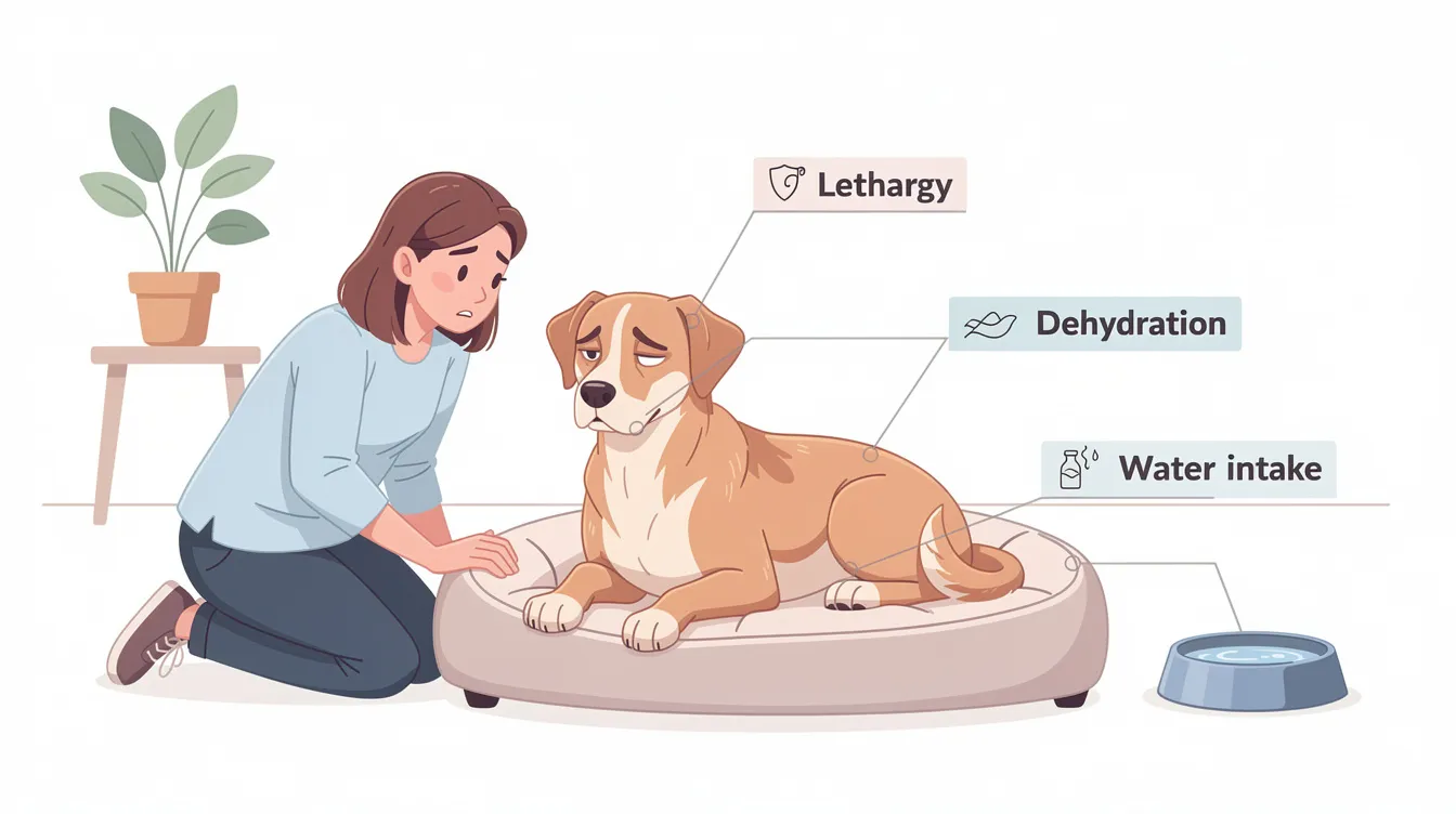 The image depicts a concerned pet owner closely observing their dog, who appears lethargic and shows signs of dehydration, possibly indicating an upset stomach or serious illness. The scene emphasizes the importance of monitoring symptoms like vomiting or abdominal pain, and suggests seeking veterinary care for potential dietary indiscretion or gastrointestinal issues.