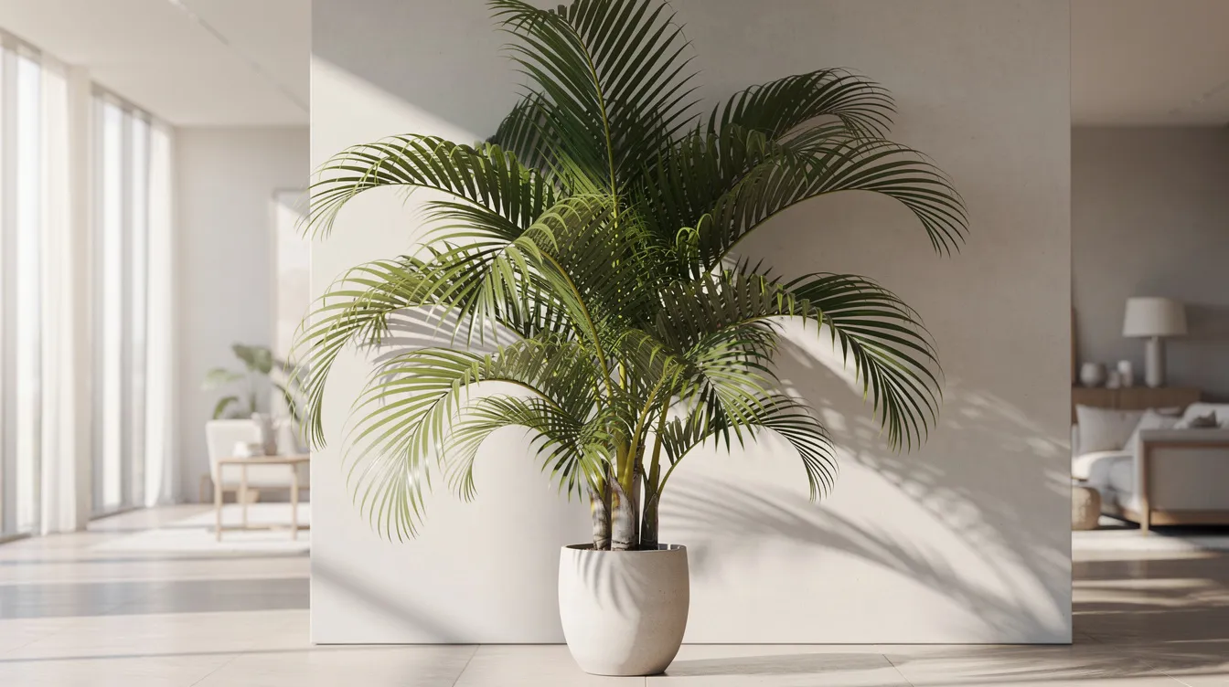 A large tropical palm with feathery green fronds stands majestically in a spacious, well-lit indoor setting, enhancing the room's air quality and bringing a vibrant, tropical feel to the living space. This pet-friendly plant is perfect for homes with furry friends, as it is non-toxic and safe for cats.