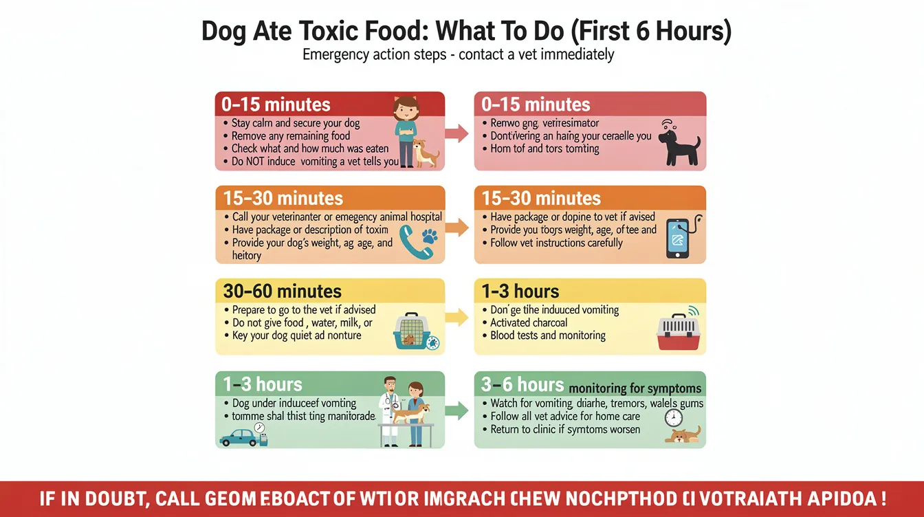 The image depicts a step-by-step emergency flowchart outlining actions to take if a dog ingests toxic foods, such as chocolate, grapes, or onions, within the first six hours. It emphasizes the importance of acting immediately and consulting a vet for serious symptoms like difficulty breathing or gastrointestinal irritation.