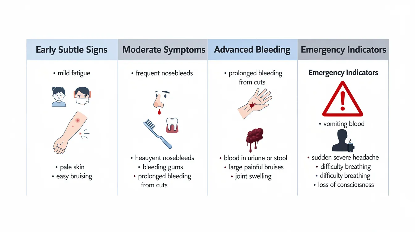 The chart illustrates the progression of symptoms associated with anticoagulant rodenticide poisoning in dogs, ranging from early subtle signs like lethargy and weakness to advanced bleeding and emergency indicators such as pulmonary hemorrhage. It highlights the importance of monitoring clinical signs and understanding the impact of clotting factors and vitamin K1 in treatment.