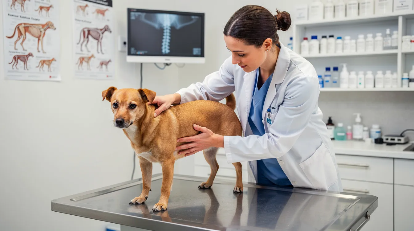 A veterinarian is examining a small dog's spine on an exam table in a clinical setting, focusing on potential signs of spinal pain or discomfort. The dog appears anxious, possibly reacting to the examination with subtle whimpers, indicating a need for veterinary attention due to possible underlying issues like muscle strain or disc disease.