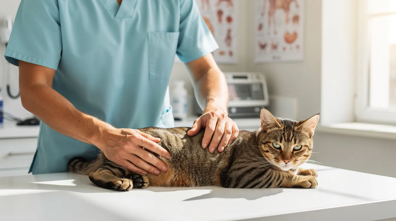 A veterinarian is gently examining a calm tabby cat on an exam table, with their hands positioned along the cat's spine to check for any signs of discomfort or pain. The cat appears relaxed, highlighting the importance of regular veterinary advice to monitor for subtle signs of pain in cats.