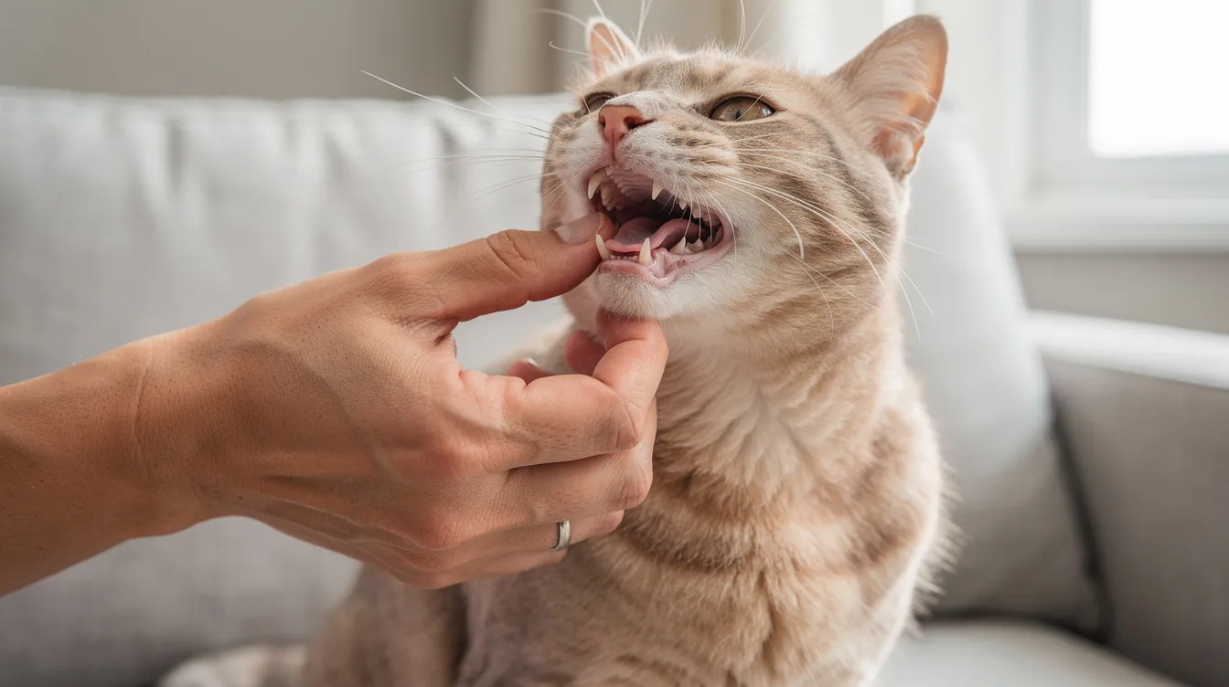 A concerned cat owner gently lifts their cat's lip to check the gum color and hydration, examining the mucous membranes for any signs of health issues. This careful observation is important for monitoring the cat's health, especially if the feline friend has been experiencing symptoms like vomiting white foam or other digestive concerns.