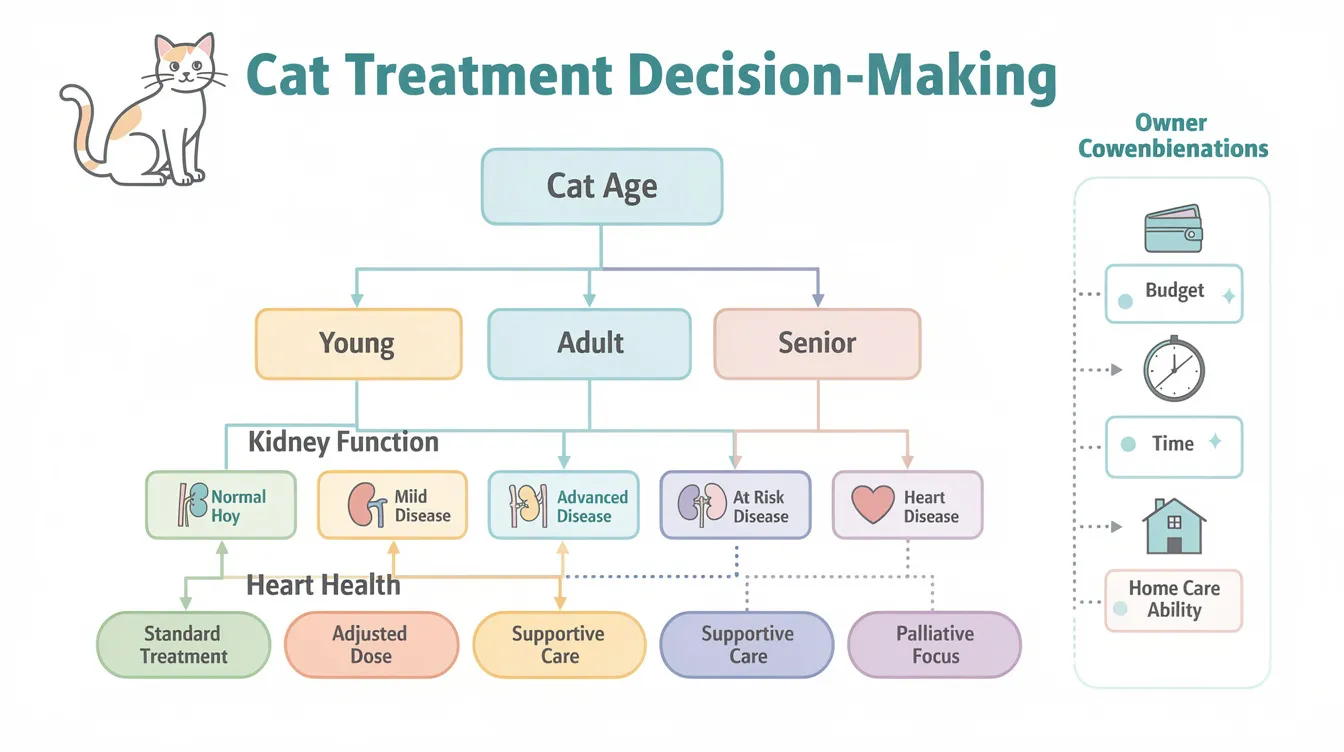The flowchart illustrates the treatment decision-making process for hyperthyroid cats, considering factors such as cat age, kidney function, heart health, and owner preferences. It outlines various treatment options, including radioactive iodine therapy and dietary therapy, to manage feline hyperthyroidism effectively.