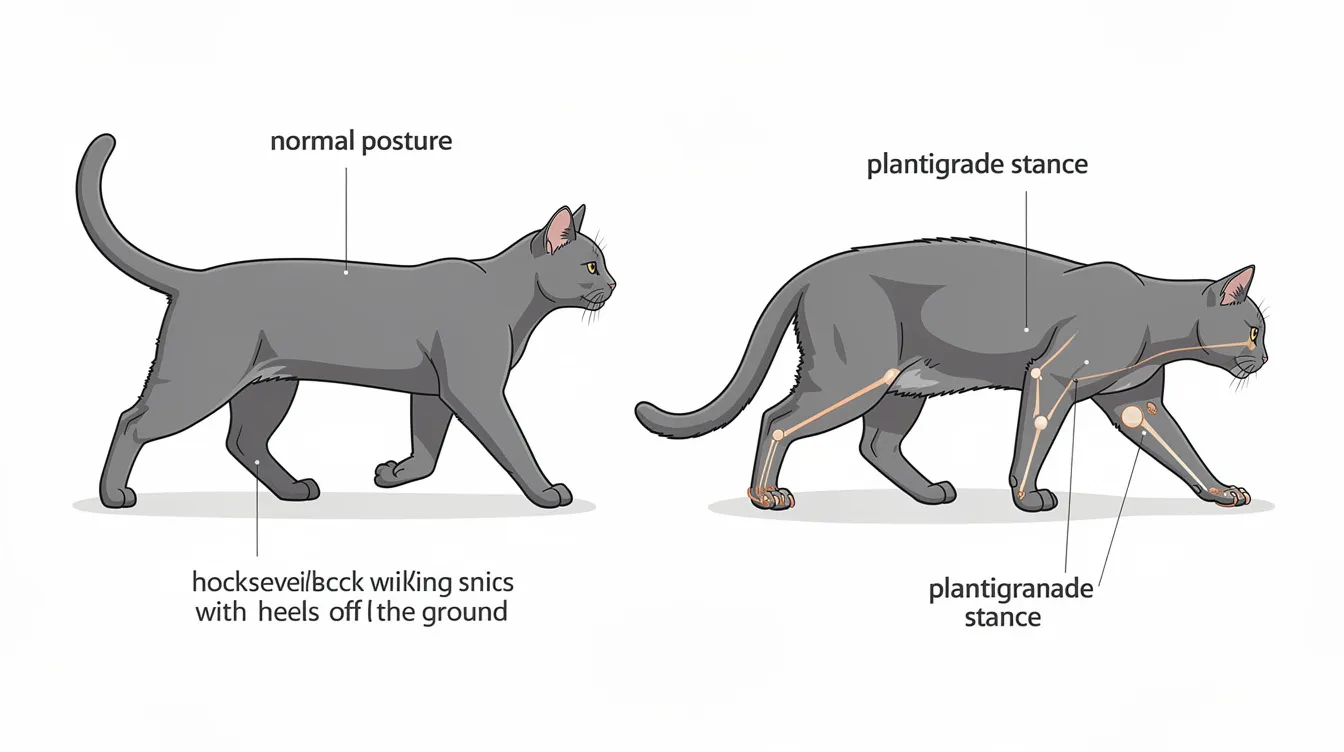 The image shows a side-by-side comparison of a normal cat walking on its toes and a cat in a plantigrade stance, where it walks with its entire foot flat on the ground. This visual contrast highlights how certain conditions, like diabetes in cats, may affect their posture and mobility.