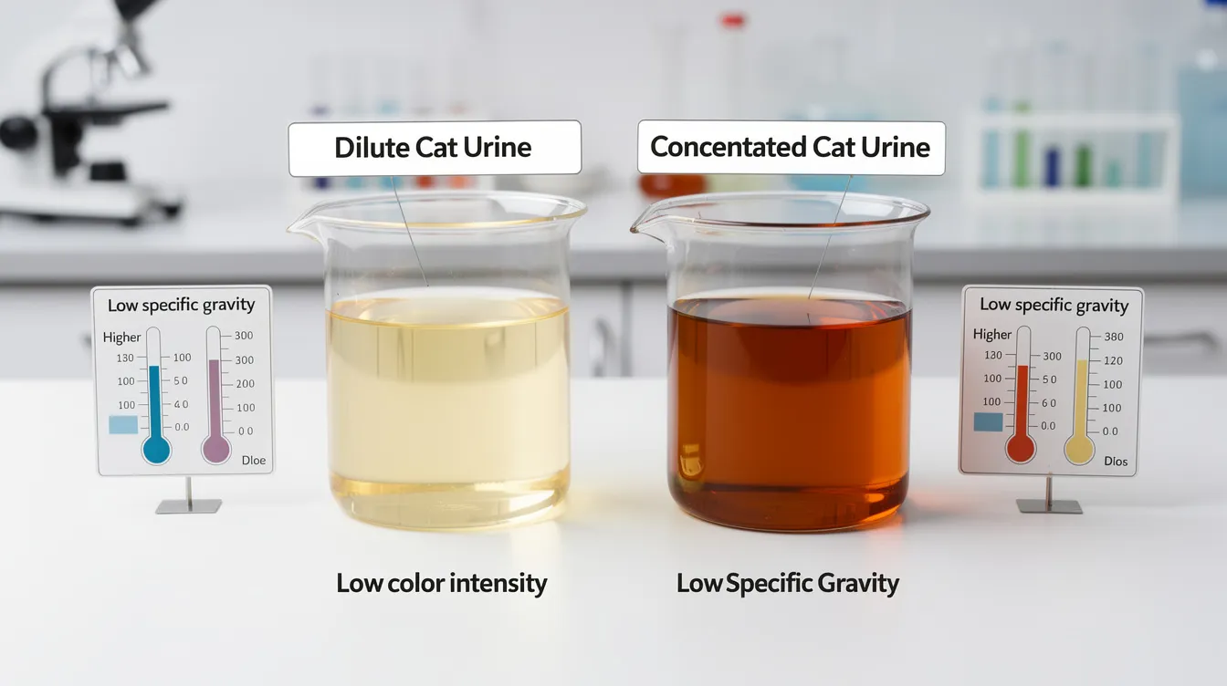 The image shows two laboratory containers filled with cat urine samples, one concentrated and the other dilute, highlighting the differences in color and clarity. This comparison is significant for understanding kidney function and health problems in senior cats, particularly those with chronic kidney disease.