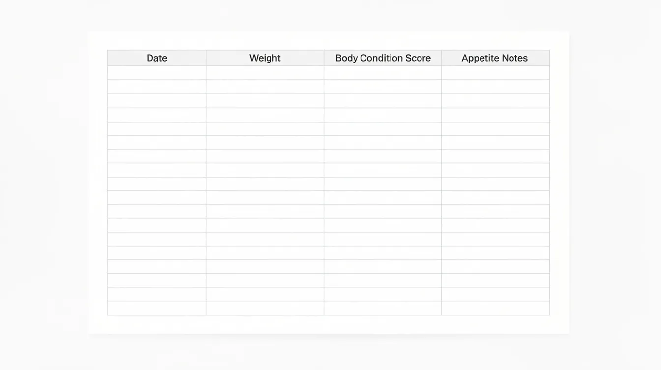 The image shows a weight tracking template designed for monitoring a cat's weight, featuring columns for date, weight, body condition score, and appetite notes. This tool can help pet owners assess their cat's body condition, ensuring they maintain a healthy weight and address any potential health issues.