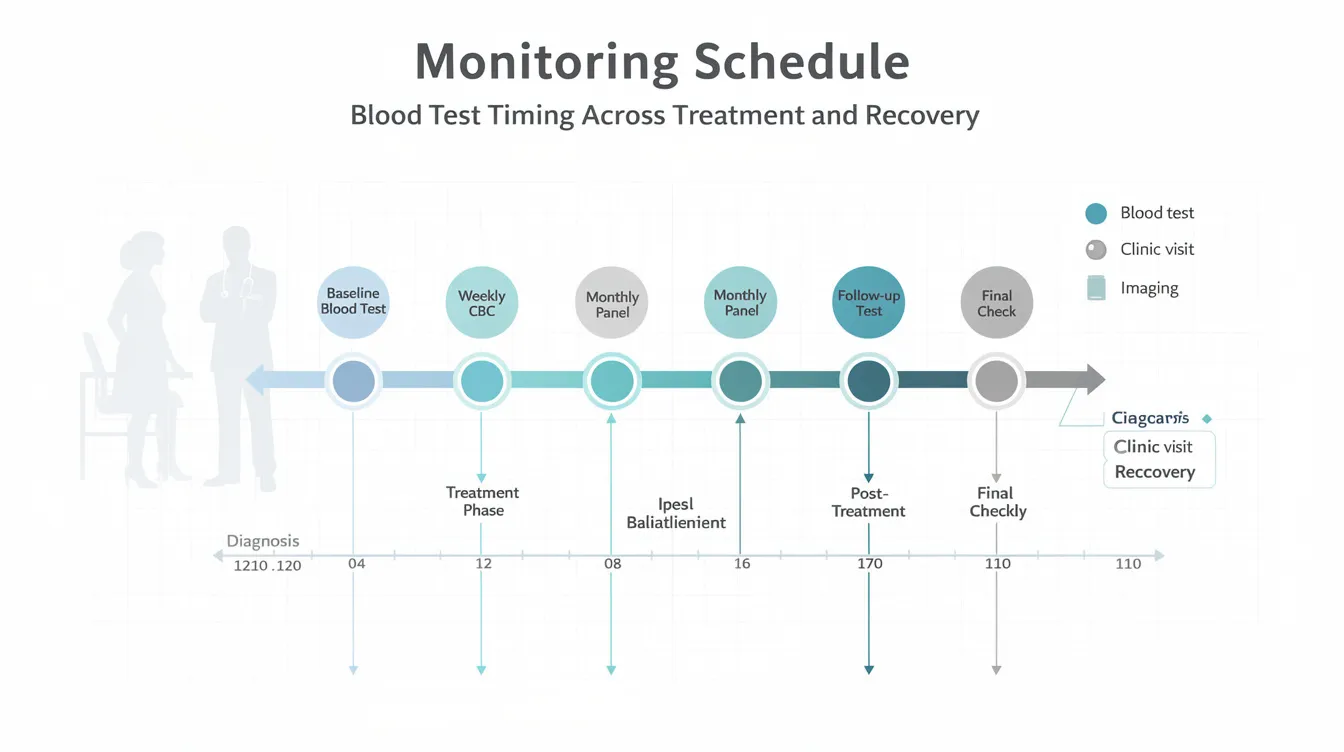 The image depicts a detailed monitoring schedule outlining the timing of blood tests throughout the treatment and recovery period for dogs affected by anticoagulant rodenticide poisoning. It highlights key factors such as prothrombin time and coagulation profiles, essential for assessing the impact of the toxin on clotting factors and guiding supportive measures like vitamin K therapy.