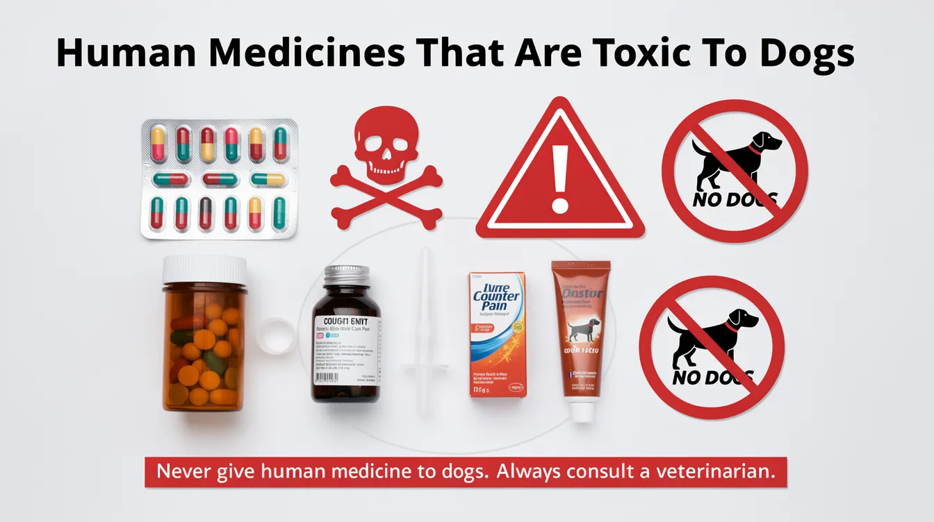 The image displays various common human medications alongside warning symbols that indicate their toxicity to dogs, highlighting the potential dangers these substances pose to pets. This visual serves as a reminder for dog owners to consult a vet immediately if their pet shows any signs of distress or symptoms such as decreased appetite or pain.