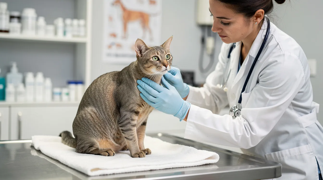A veterinarian is examining a cat's lymph nodes during a routine wellness check in a clinical setting, ensuring the cat's immune system is healthy and checking for any signs of feline immunodeficiency virus (FIV) infection. This examination is crucial for monitoring the health of both FIV positive cats and uninfected cats, as early detection can help manage chronic or recurrent infections.