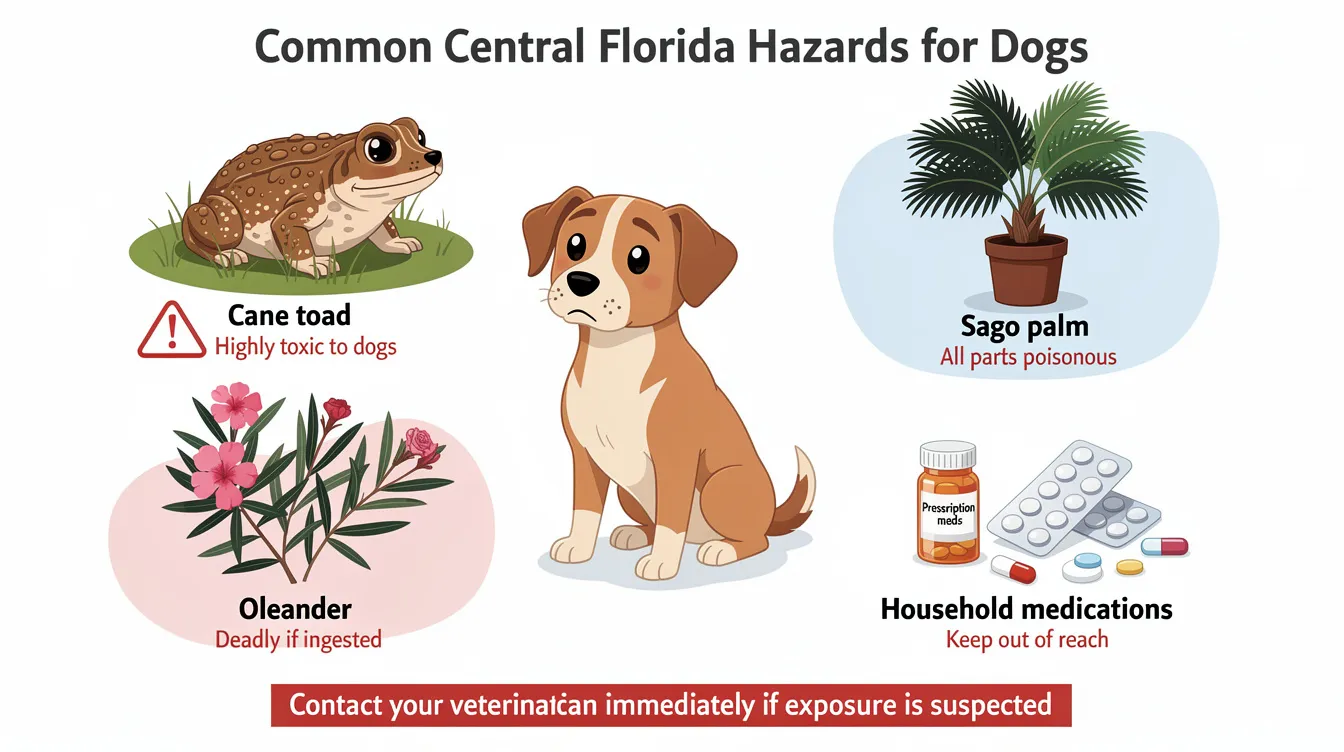 The image depicts a collection of common hazards for dogs in Central Florida, including a cane toad, sago palm, oleander, and various household medications. These items are essential for pet owners to recognize, as they can pose serious health risks, potentially leading to symptoms like fever in dogs or requiring immediate veterinary attention.