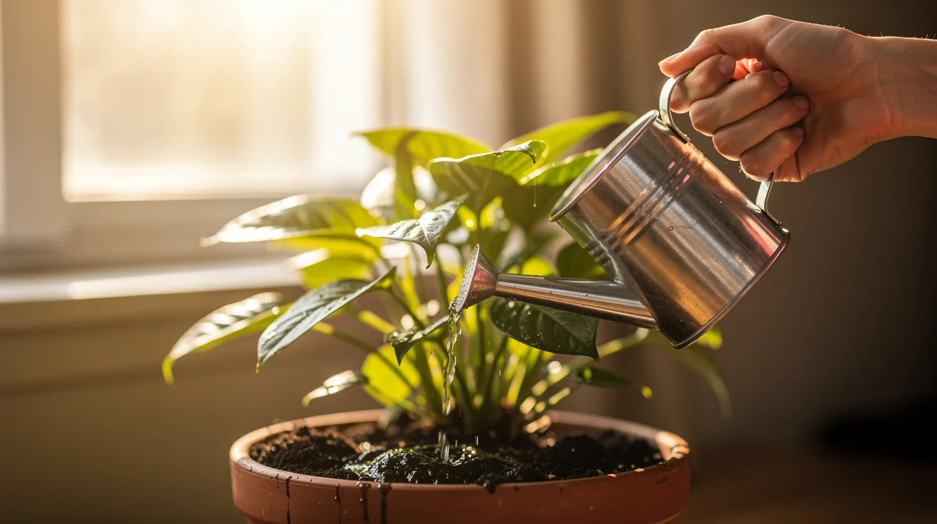 A pair of hands is gently watering a potted green plant, likely a baby rubber plant, with a small watering can near a sunny window, creating a bright and inviting indoor space filled with lush greenery. This scene showcases pet-friendly plants that thrive in direct sunlight, making it ideal for cat-friendly households.