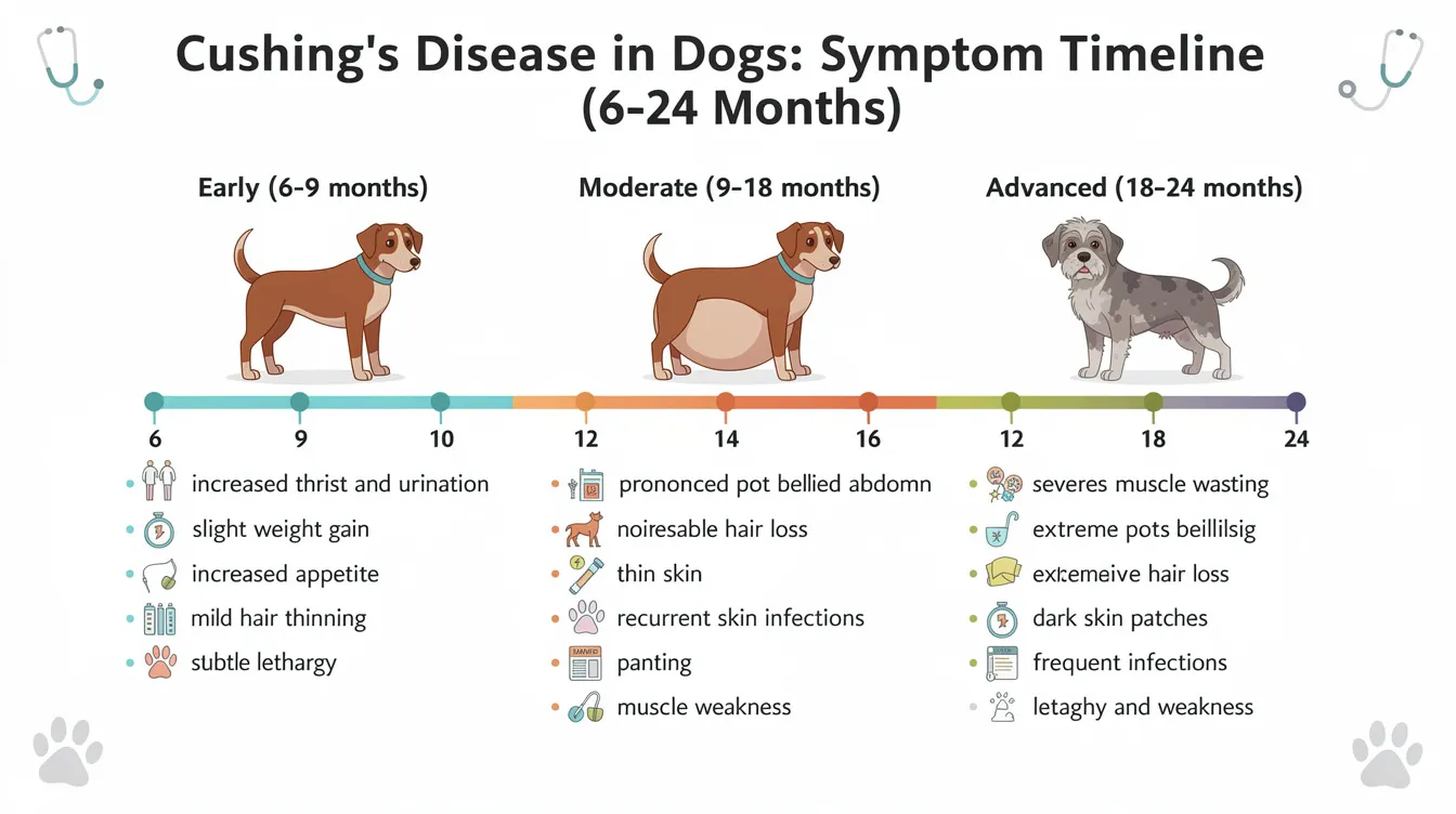 The image depicts an interactive symptom checklist for Cushing's disease in dogs, organized on a visual timeline that spans six to twenty-four months. It highlights early, moderate, and advanced signs such as increased appetite, hair loss, and muscle weakness, which are associated with the disease caused by excess cortisol production from the adrenal glands or pituitary gland tumors.