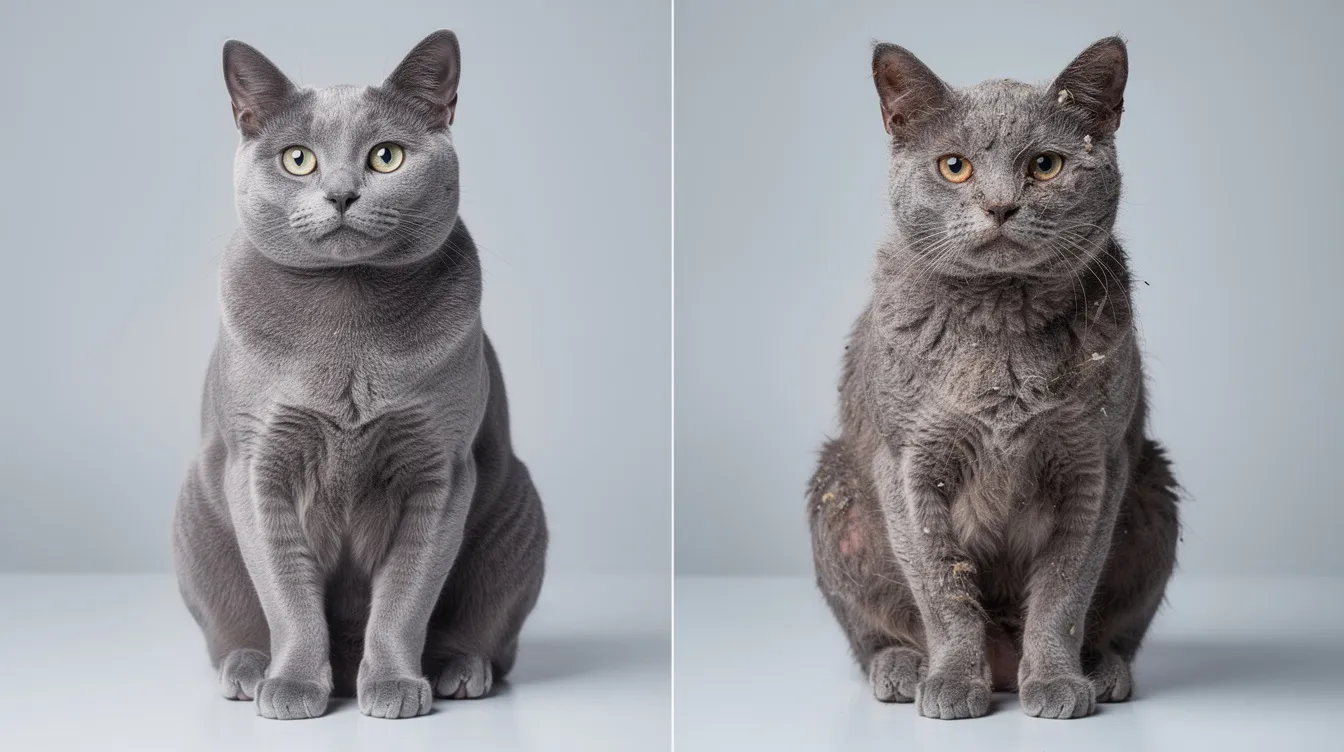 The image shows a side-by-side comparison of two cats: on the left, a well-groomed cat with a shiny coat, and on the right, a poorly groomed cat with dull, matted fur. This contrast highlights the potential effects of feline immunodeficiency virus (FIV) on a cat's immune system, as infected cats may exhibit symptoms such as weight loss and recurrent infections.
