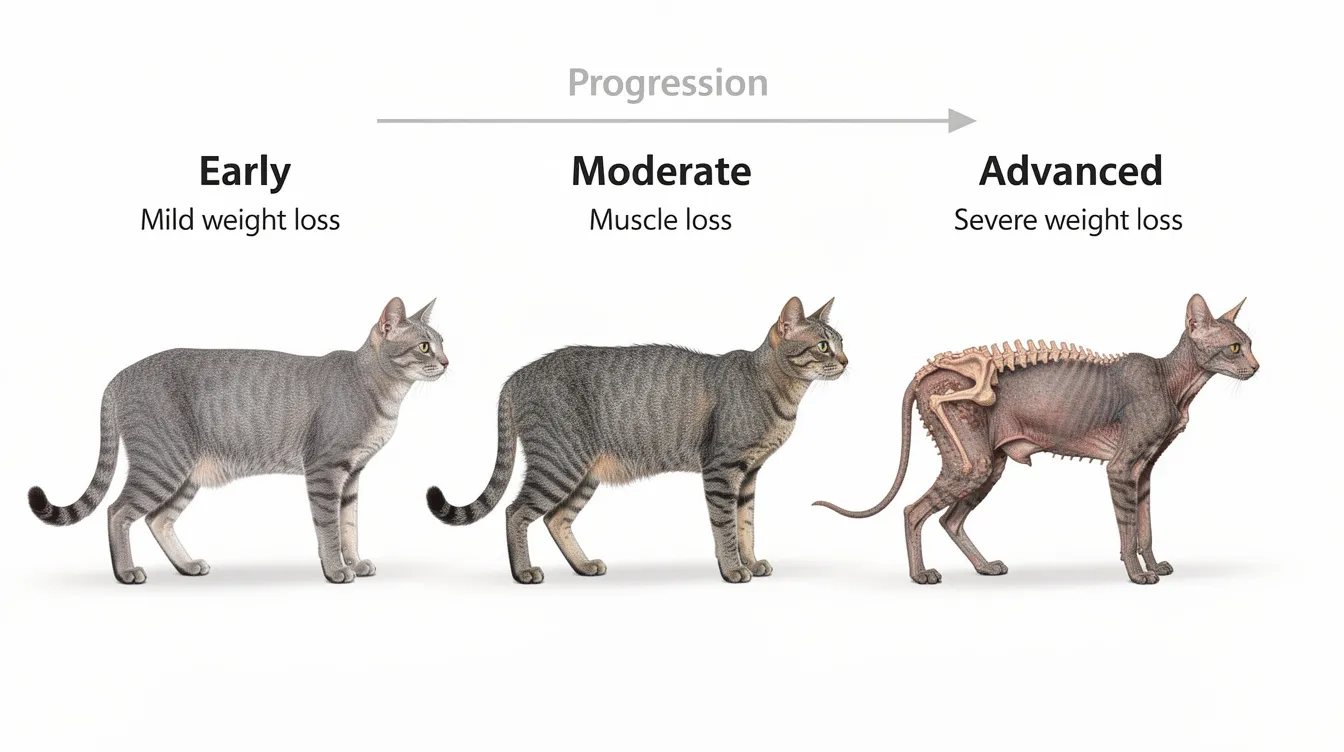 The image presents a side-by-side comparison of a senior cat's body condition, illustrating the progressive weight loss associated with hyperthyroidism. One side shows a cat with an enlarged thyroid gland, reflecting the typical signs of hyperthyroidism in cats, while the other side depicts a healthier cat, highlighting the importance of diagnosing and treating feline hyperthyroidism to prevent severe health complications.