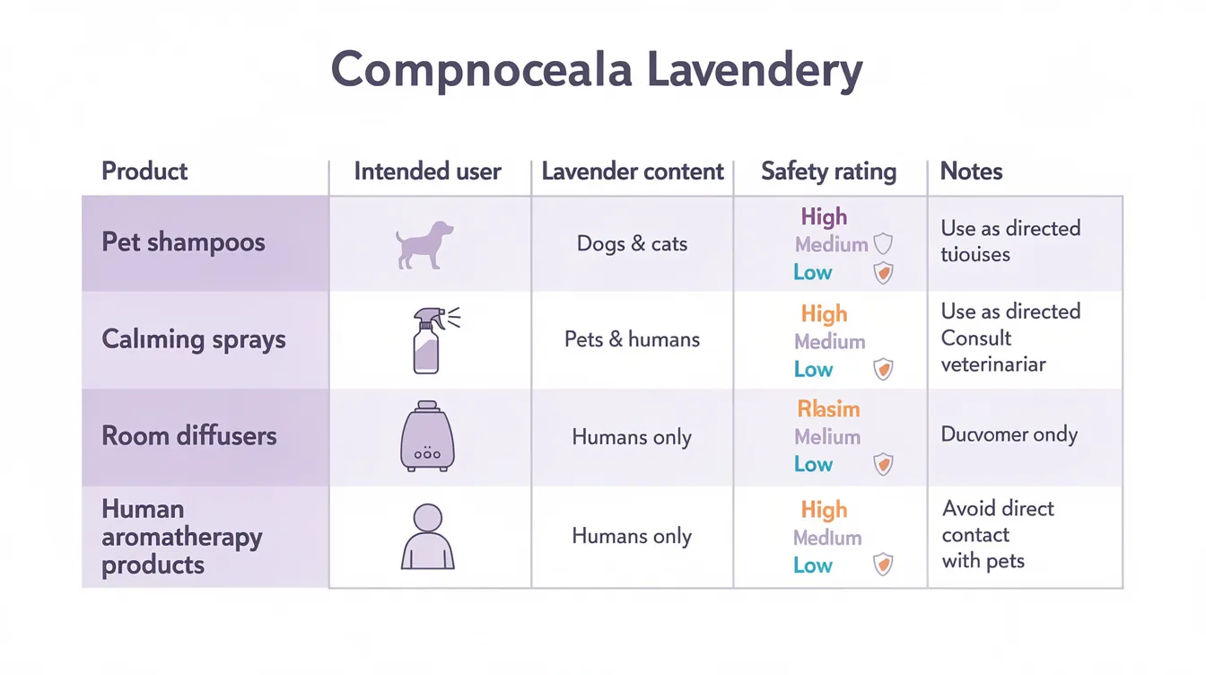 The image features a comparison table displaying the safety ratings of various commercial lavender products, including pet shampoos, calming sprays, room diffusers, and human aromatherapy products. It highlights important information for pet owners regarding whether lavender is safe for dogs, potential adverse reactions, and proper usage guidelines for maintaining a calming environment for their furry friends.