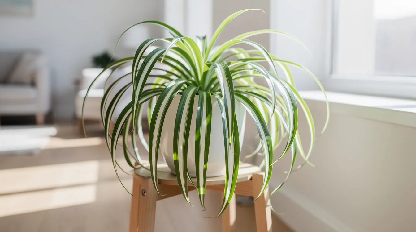 A spider plant with cascading green and white striped leaves is displayed in a bright, airy room filled with natural light, creating a vibrant atmosphere. This pet-friendly plant is known for its air-purifying qualities, making it a great addition to any indoor space.