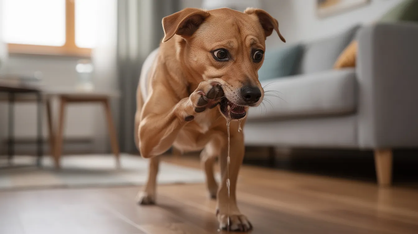 The image shows a distressed dog drooling and pawing at its mouth while in a home environment, indicating possible discomfort or an upset stomach. Pet owners should be cautious about essential oils like peppermint oil, as even small amounts can be harmful to dogs and may require veterinary guidance.