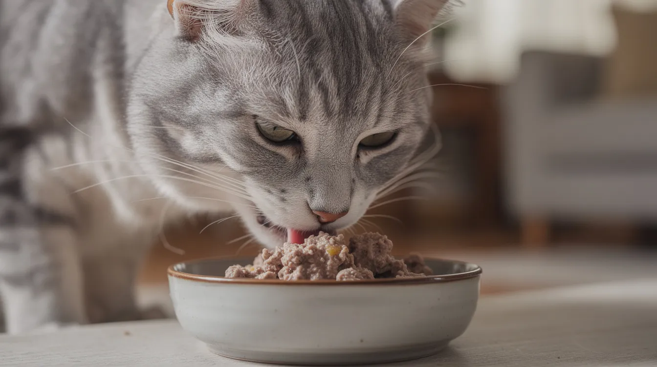 An elderly cat is eating from its food bowl, showing signs of aging as it enjoys its meal. Senior cats, like this one, may face health issues such as chronic kidney disease and dental disease, which can affect their appetite and overall well-being.