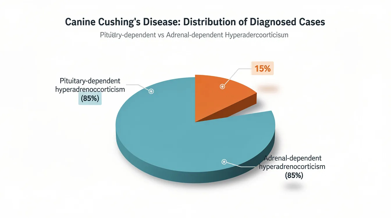 The image features an interactive pie chart illustrating the distribution of diagnosed canine Cushing's cases, with 85% attributed to pituitary-dependent hyperadrenocorticism and 15% to adrenal-dependent hyperadrenocorticism. This visual representation highlights the prevalence of pituitary tumors affecting cortisol production in dogs suffering from Cushing's disease.