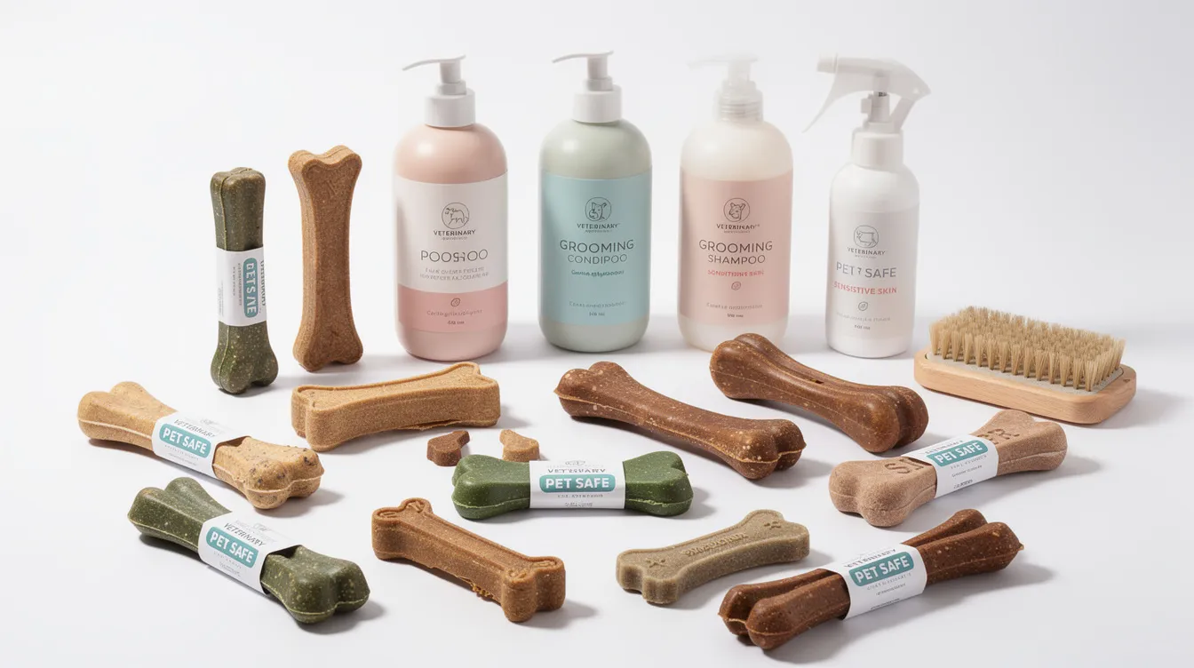 The image features a variety of pet-safe dental chews alongside veterinary-approved grooming products, all neatly arranged on a clean surface. These items are designed to promote the health of dogs, ensuring safe and effective care for pet owners looking to maintain their furry friends' well-being.